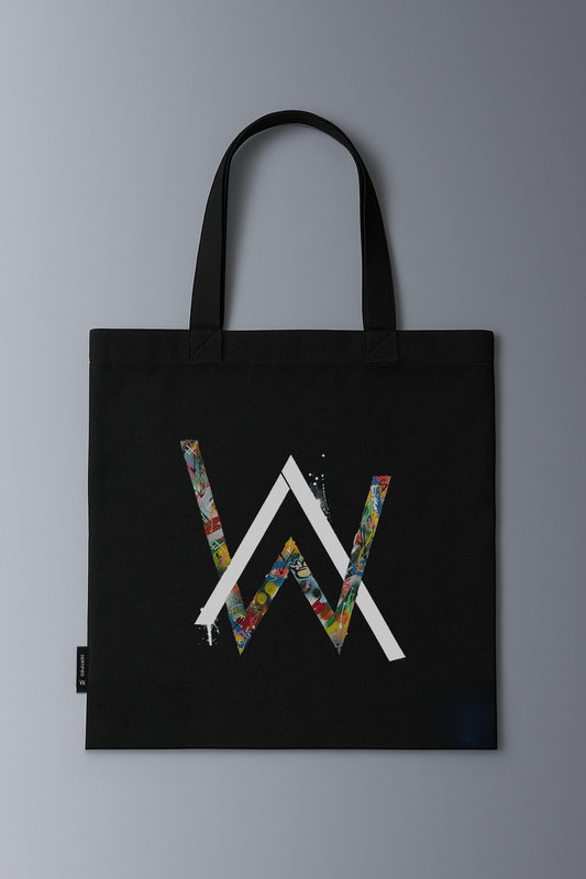 Black tote bag with a colorful AW logo on a gray background